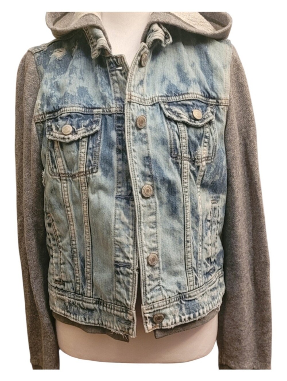 American Eagle Outfitters Light Blue Denim Jacket with Brown Leather Patch